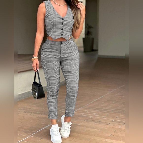 CHICME Plaid Two-Piece Stretchy Set In Black And White Size L - Picture 2 of 16